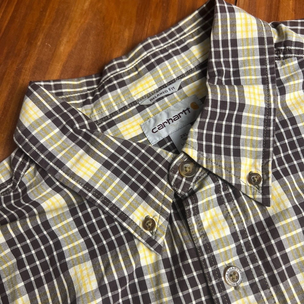 Carhartt Relaxed‎ Fit Yellow Brown Plaid Button Down Short Sleeve 2XL